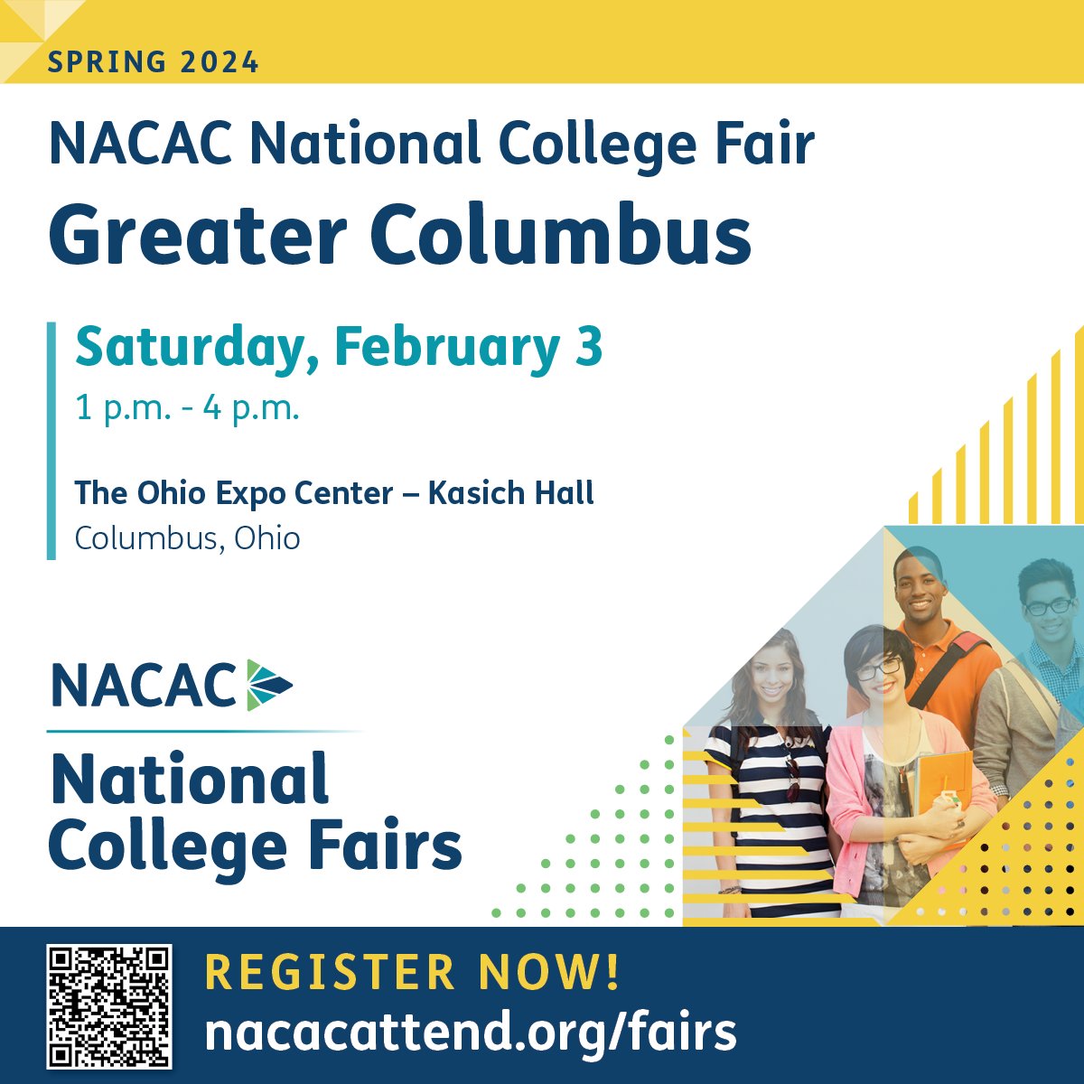 Don’t miss @NACAC's Greater Columbus National College Fair on Saturday, Feb 3 from 1 pm to 4 pm at the The Ohio Expo Center (Kasich Hall). Admission is FREE! Register today: nacacattend.org/fairs #collegefairs #NACAC