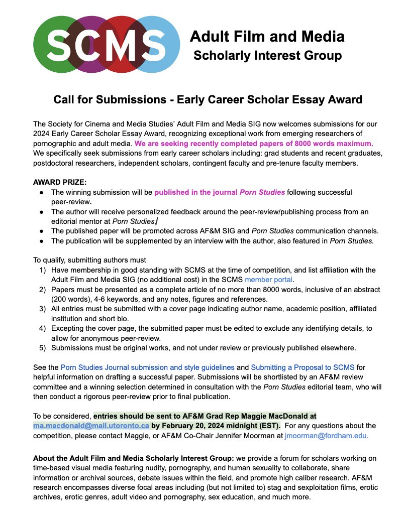 Are you a graduate, postdoc, or early career academic researching 🌽/adult media? submissions now open for @SCMSAdultFilm's Early Career Scholar Essay Award - the winning paper (8000 w. max) gets published in @PornStudies!👀 Deadline: Feb 20 - please share widely! @SCMStudies