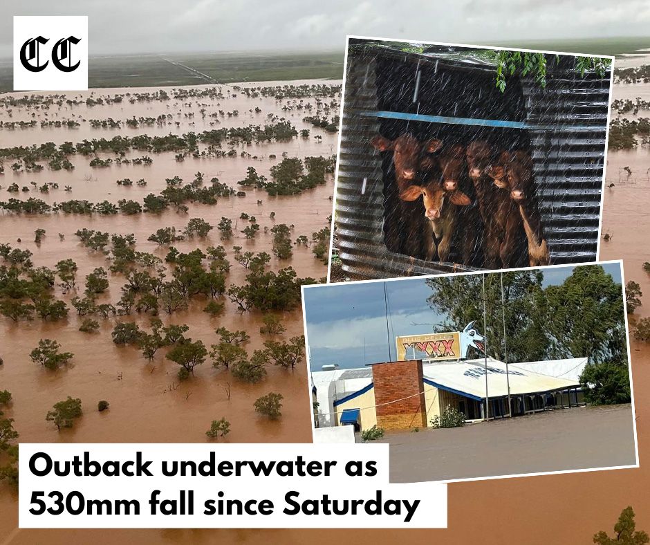 An iconic outback pub is waist-deep in water and graziers on remote cattle stations expect to be stranded for weeks as ex-Tropical Cyclone Kirrily brings enormous downfalls to western Queensland. @CountryCaller MORE bit.ly/3SlrY9A