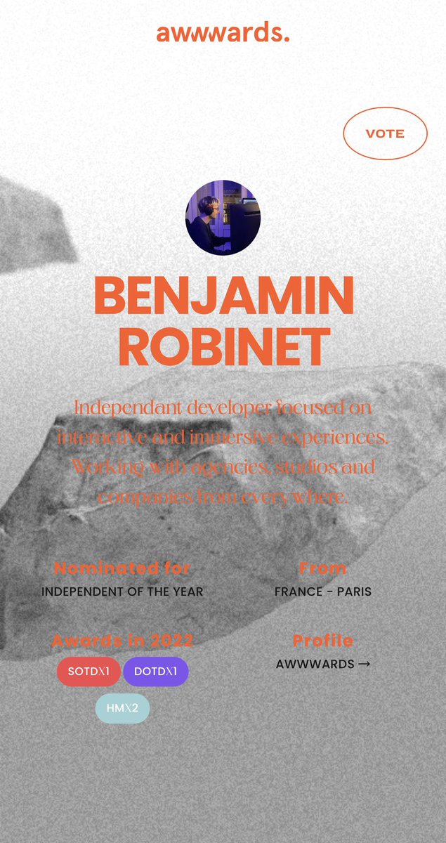 So glad to be nominated for the Independant of the Year on <a href="/awwwards/">awwwards.</a> 🧡

annual.awwwards.com/independent-no…