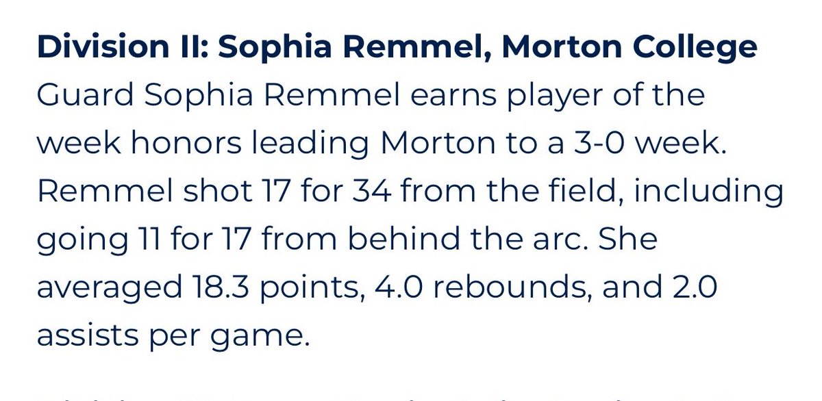 Congratulations to <a href="/Dunlap_GirlsBB/">Dunlap Girls Basketball</a>’s <a href="/sophiaremmel_/">Sophia Remmel</a> NJCAA Region 4 D2 Player of the Week at Morton CC 🔥