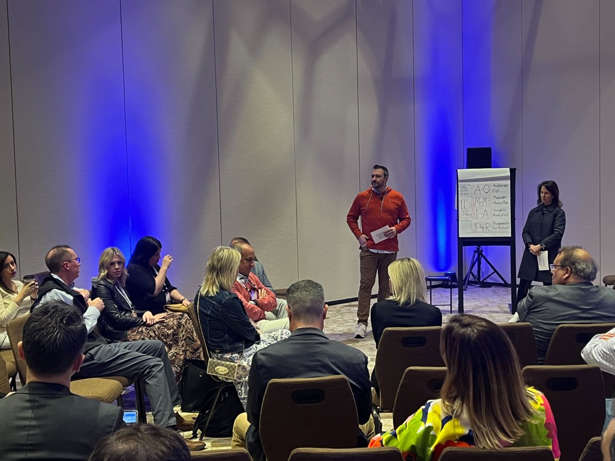 iab's tweet photo. Evan Hovorka and Kristi Argyilan (@Albertsons Media Collective) break down the pillars of #DataCleanRooms: identity, audience insights, measure media mix, insights analytics, programmatic for retail. #IABALM https://t.co/iJIkH21EQl
