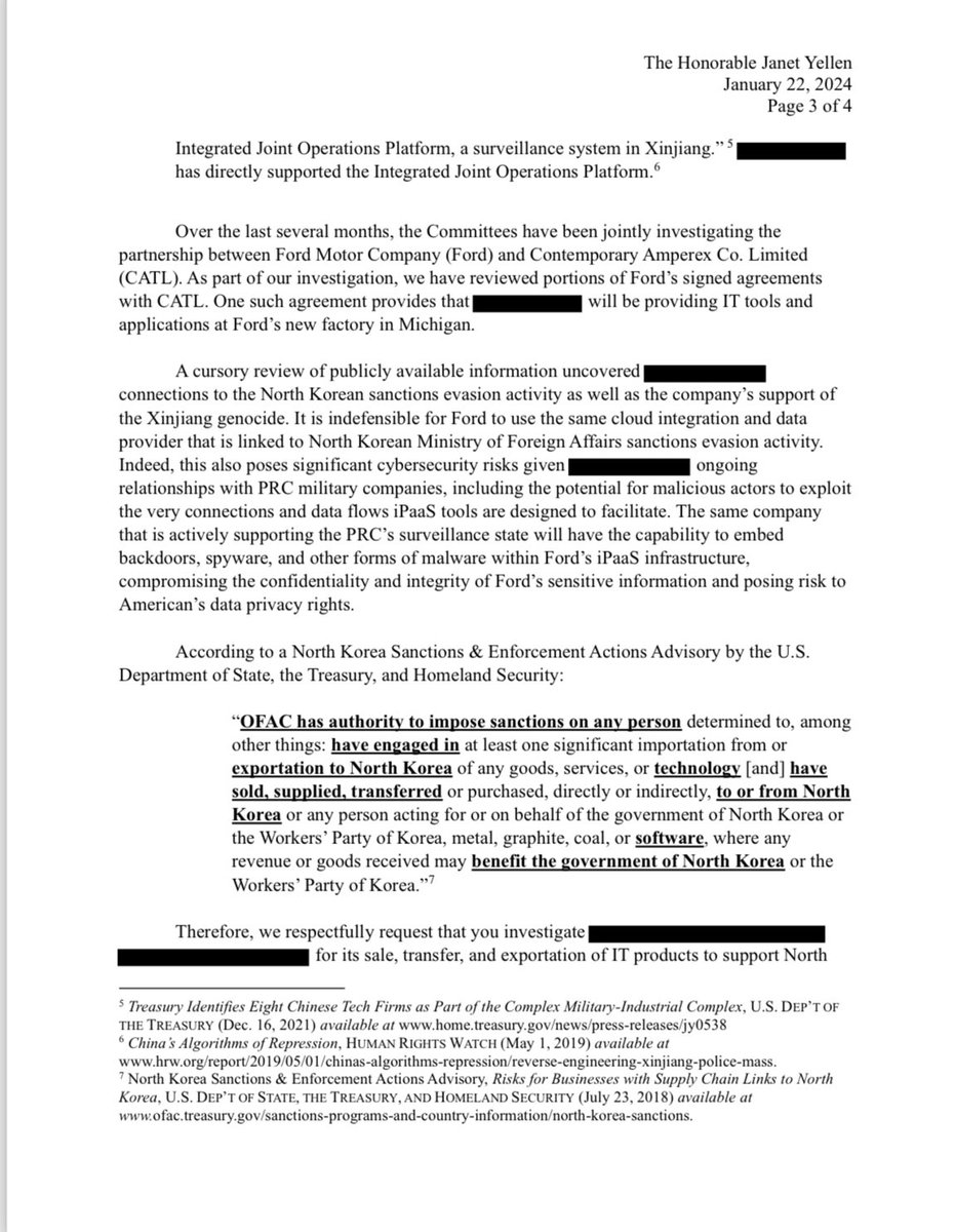 ChinaSelect's tweet photo. BREAKING: Chairman @chairmang and Chair @cathymcmorris uncover @Ford’s plan to use Chinese technology tied to the Chinese military, North Korea, and the Uyghur genocide at its joint factory with @catl_official.

“It is indefensible.” — the lawmakers write to the Biden administration, requesting that @SecYellen and @SecRaimondo blacklist Ford’s partners by February 5th.
