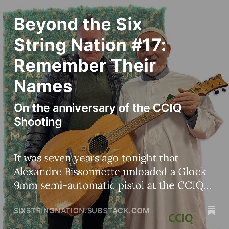 It's a tragic anniversary that we've commemorated in Voyageur's <a href="/caltoncases/">Jim</a> lid. As our media environment becomes more toxic, spewing more ignorance and hatred, music and a welcoming community in St. Foy are powerful antidotes.

#cciq
#mosqueshooting
#remembertheirnames