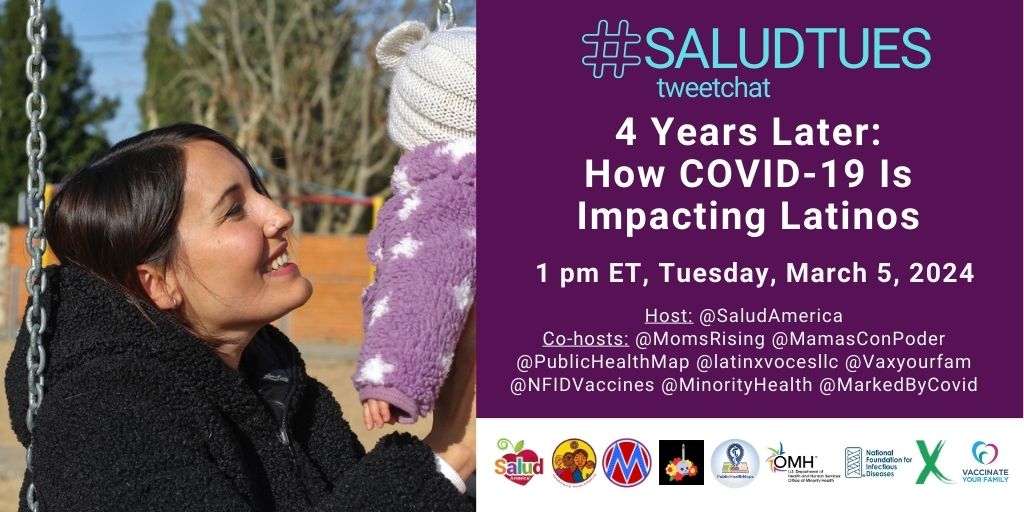 Salud America! (@saludamerica) on Twitter photo 💉😷🩺💉😷🩺
What: Latinos & COVID-19 Inequities
Where: #SaludTues Tweetchat
Who: You!
When: 1p ET 3/5/24
Why: bit.ly/covid4years
With: <a href="/MamasConPoder/">MamásConPoder</a> <a href="/MomsRising/">MomsRising</a> @latinxvocesllc <a href="/PublicHealthMap/">PublicHealthMaps</a> <a href="/NFIDVaccines/">NFID</a> <a href="/MinorityHealth/">Minority Health</a> <a href="/MarkedByCovid/">💙#MarkedByCovid #FBLC</a> <a href="/Vaxyourfam/">Vaccinate Your Family</a> 💉😷🩺💉😷🩺
What: Latinos & COVID-19 Inequities
Where: #SaludTues Tweetchat
Who: You!
When: 1p ET 3/5/24
Why: bit.ly/covid4years
With: <a href="/MamasConPoder/">MamásConPoder</a> <a href="/MomsRising/">MomsRising</a> @latinxvocesllc <a href="/PublicHealthMap/">PublicHealthMaps</a> <a href="/NFIDVaccines/">NFID</a> <a href="/MinorityHealth/">Minority Health</a> <a href="/MarkedByCovid/">💙#MarkedByCovid #FBLC</a> <a href="/Vaxyourfam/">Vaccinate Your Family</a>