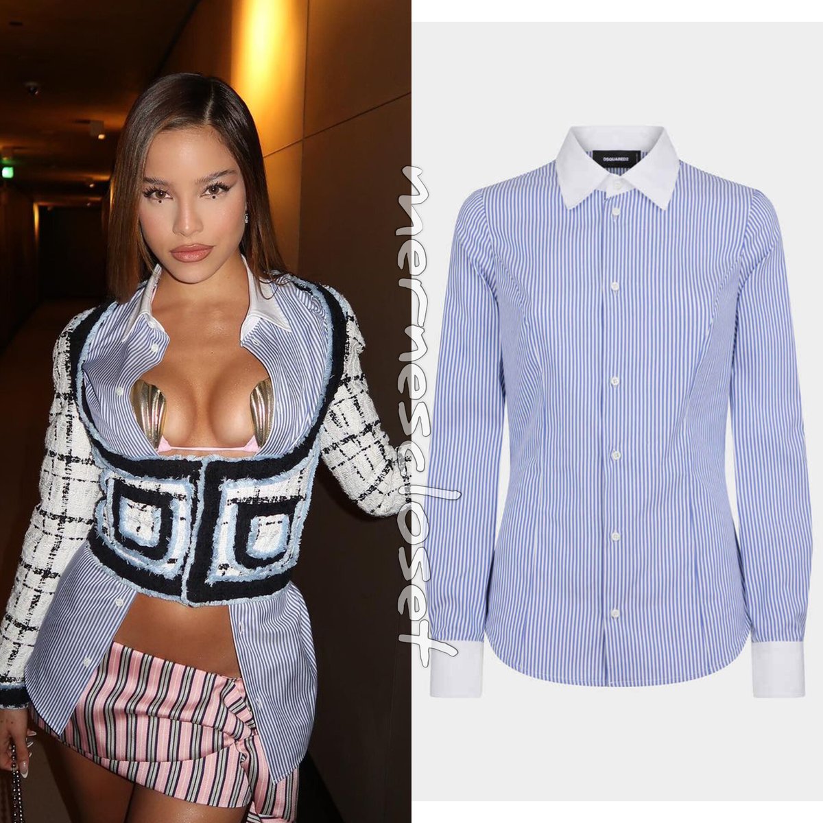 mernescloset's tweet photo. Outfit de Emilia para el Dsquared2 FW24 show: 

🧊 Bouclé long sleeves corset jacket (Dsquared2) $2.780 usd.
🧊 Tie knot super mini (Dsquared2) $1.025 usd.
🧊 Stripes cotton tennis shirt (Dsquared2) $580 usd.
🧊 Gothic Dsquared2 clutch (Dsquared2) $1.035 usd. https://t.co/MR97OQEb7x