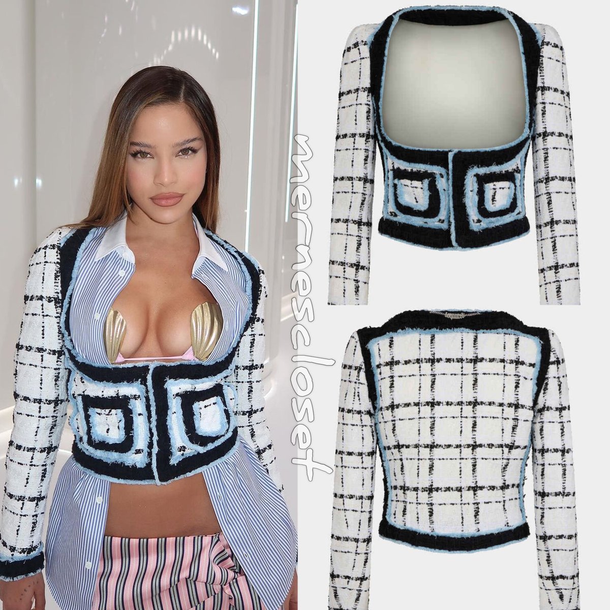 mernescloset's tweet photo. Outfit de Emilia para el Dsquared2 FW24 show: 

🧊 Bouclé long sleeves corset jacket (Dsquared2) $2.780 usd.
🧊 Tie knot super mini (Dsquared2) $1.025 usd.
🧊 Stripes cotton tennis shirt (Dsquared2) $580 usd.
🧊 Gothic Dsquared2 clutch (Dsquared2) $1.035 usd. https://t.co/MR97OQEb7x