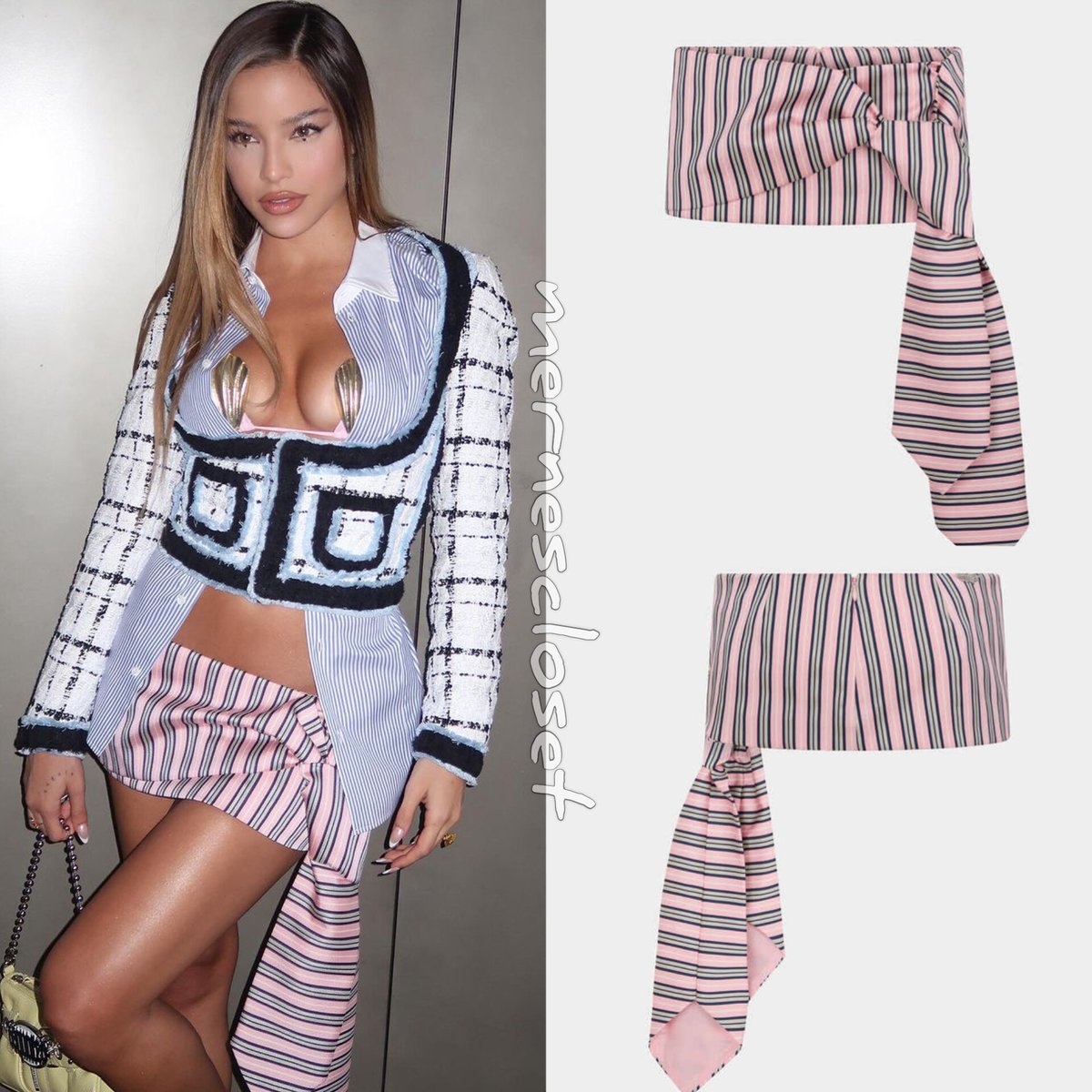 mernescloset's tweet photo. Outfit de Emilia para el Dsquared2 FW24 show: 

🧊 Bouclé long sleeves corset jacket (Dsquared2) $2.780 usd.
🧊 Tie knot super mini (Dsquared2) $1.025 usd.
🧊 Stripes cotton tennis shirt (Dsquared2) $580 usd.
🧊 Gothic Dsquared2 clutch (Dsquared2) $1.035 usd. https://t.co/MR97OQEb7x