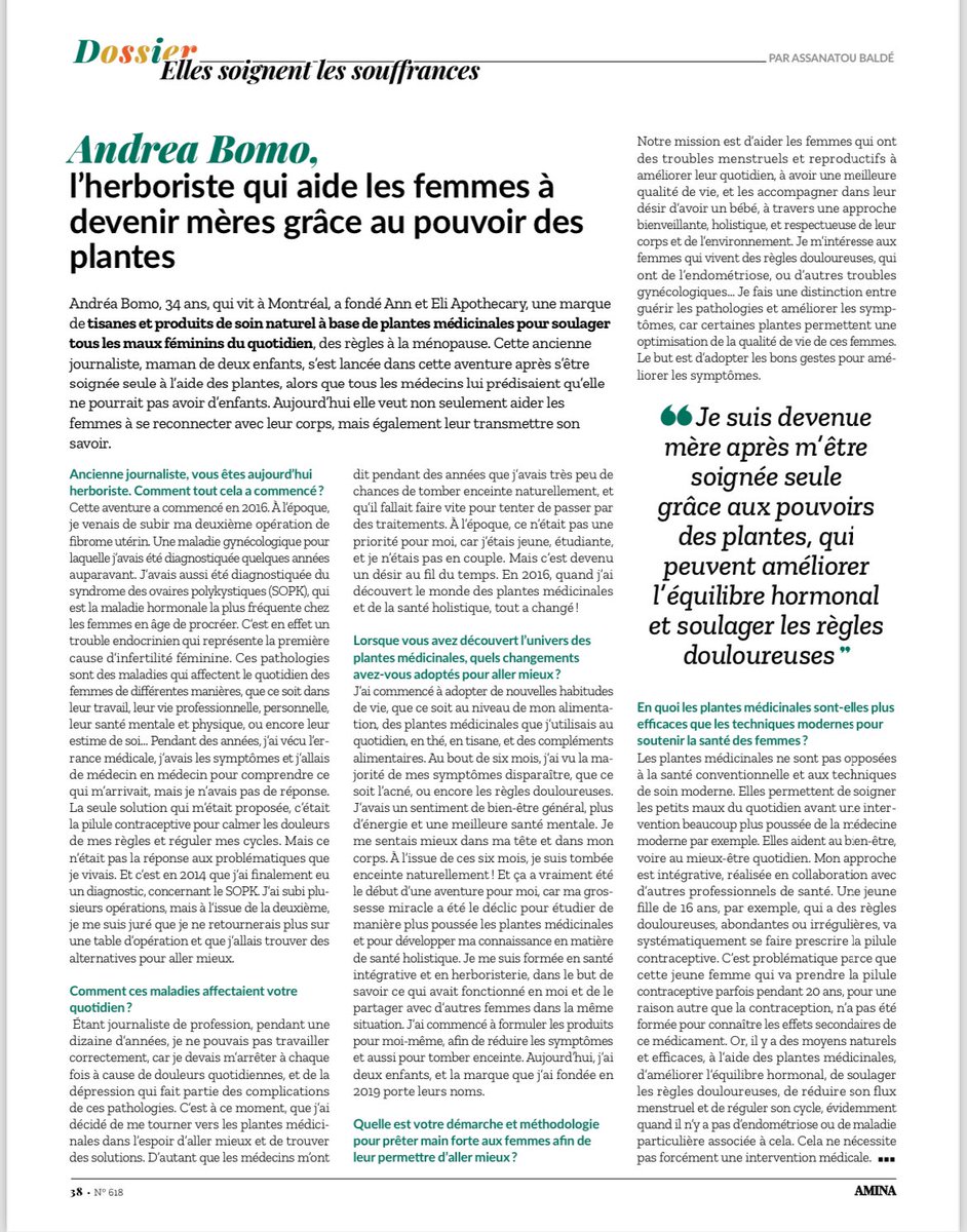 AndreaBomo's tweet photo. Merci au magazine Amina pour cette interview sur mon travail d’herboriste au service de la santé des femmes 💛🌿🙏🏽 https://t.co/fWjrHglJE8