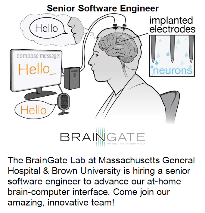 BrainGateTeam's tweet photo. Join BrainGate at @MassGenBrigham &amp; @BrownUniversity! Seeking a Senior Software Engineer in Providence/Boston.  Work in #neurotech and make a difference!  

For more information: https://t.co/nVQ5lHgnBl

To apply: https://t.co/GsNUOLy6aC

#SoftwareEngineer #BCI #TechJobs https://t.co/qbj6yGpQZa