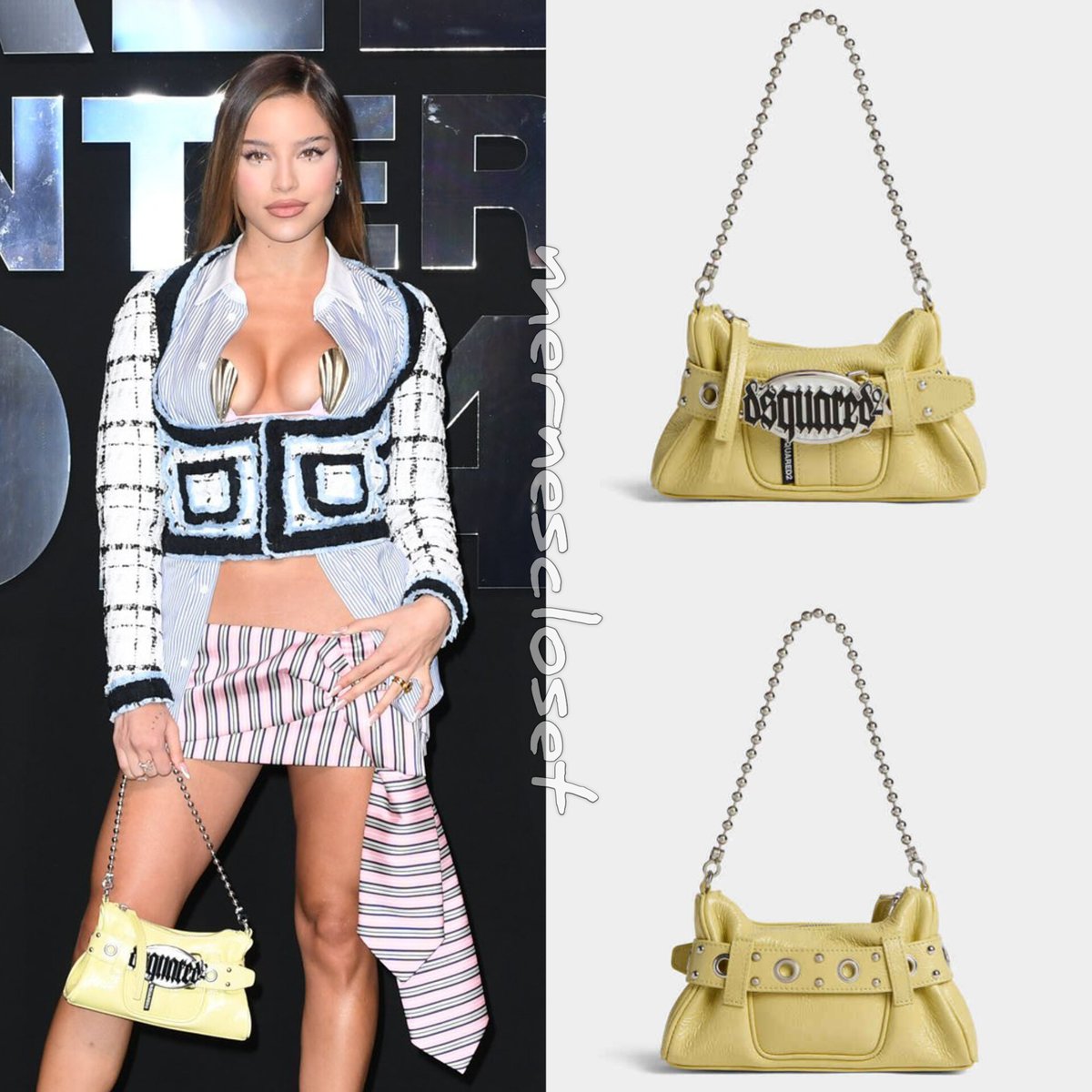 mernescloset's tweet photo. Outfit de Emilia para el Dsquared2 FW24 show: 

🧊 Bouclé long sleeves corset jacket (Dsquared2) $2.780 usd.
🧊 Tie knot super mini (Dsquared2) $1.025 usd.
🧊 Stripes cotton tennis shirt (Dsquared2) $580 usd.
🧊 Gothic Dsquared2 clutch (Dsquared2) $1.035 usd. https://t.co/MR97OQEb7x