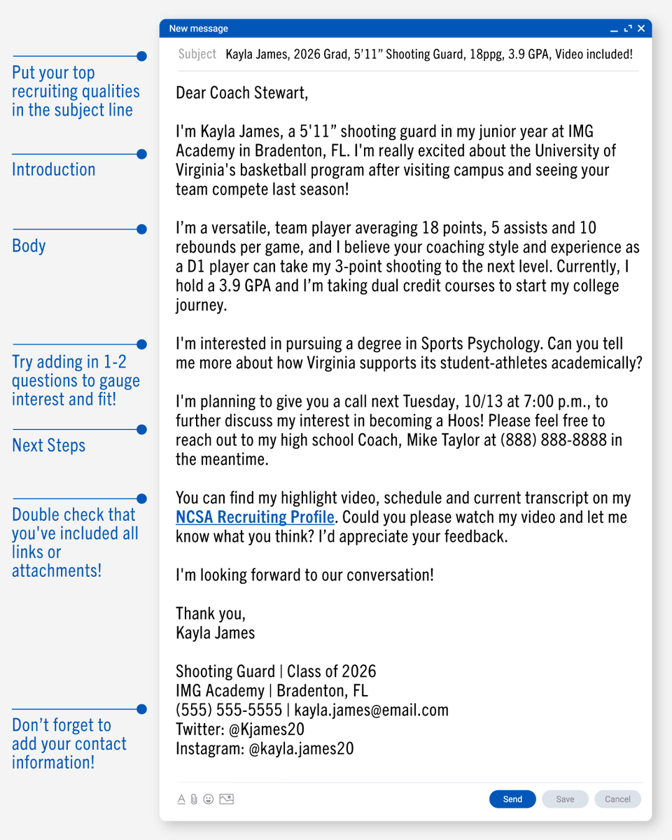 ncsa's tweet photo. Need help putting together an email to a college coach? We've got you covered!

Check out the example script in the post to get an idea of at least one way to reach out to a college coach.

To learn more about emailing coaches, head here: https://t.co/pFW7iOB9IE https://t.co/dc3WcOjjC1