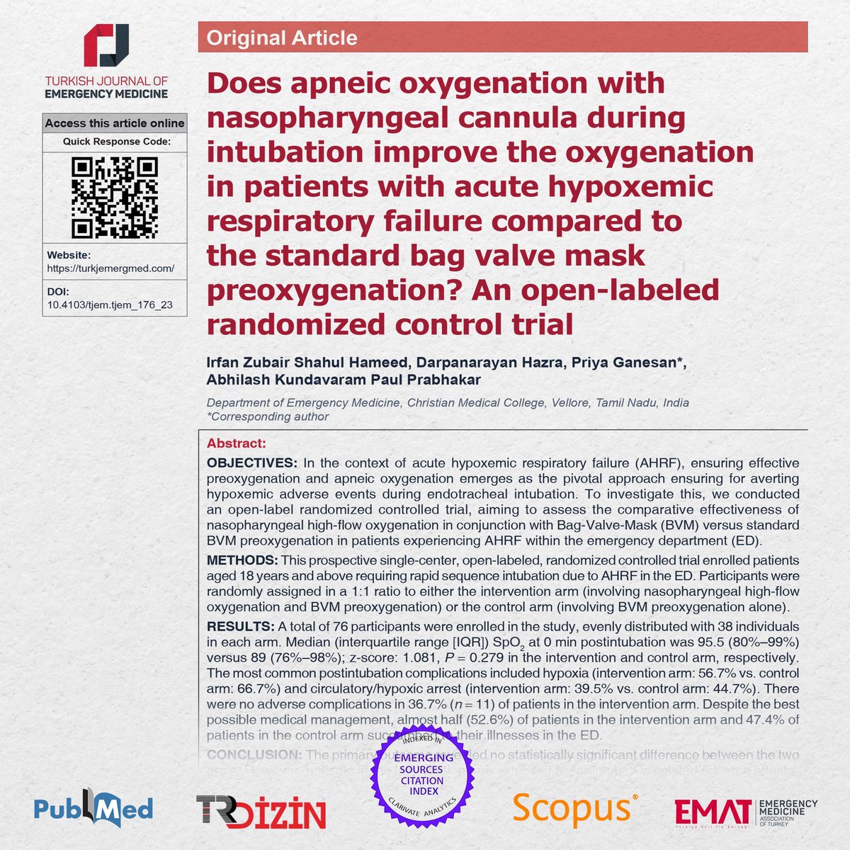 Article from 2024/1: Hameed et al. Does apneic oxygenation with nasopharyngeal cannula during intubation improve the oxygenation in patients with acute hypoxemic respiratory failure... #TurkJEmergMed #FOAMed #MedEd #EmergencyMedicine #OriginalArticle To: buff.ly/3OkDPUk