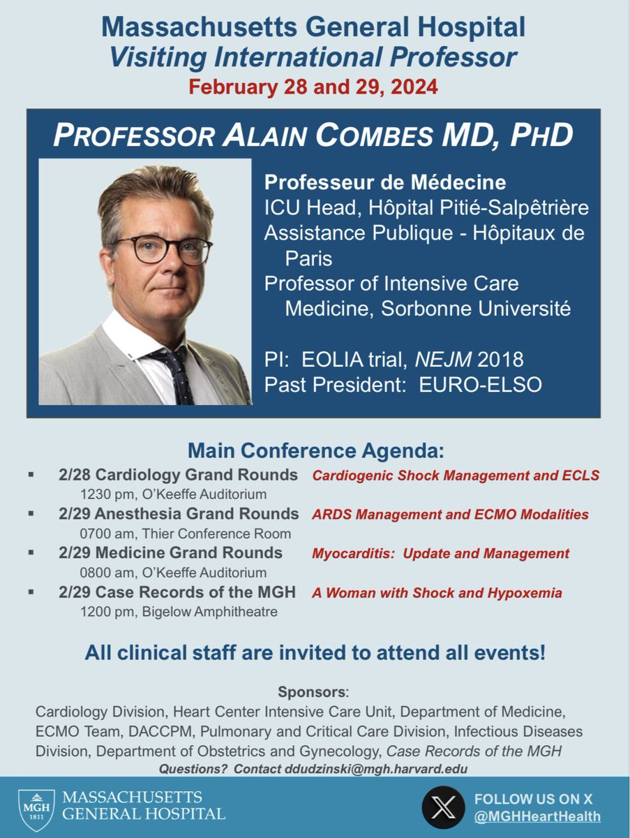 MGH Cardiology Grand Rounds will be hosting Professor Alain Combes, MD, PhD from Paris, France on 2/28-2/29. Checkout the info below! @criticalecho @patrick_ellinor