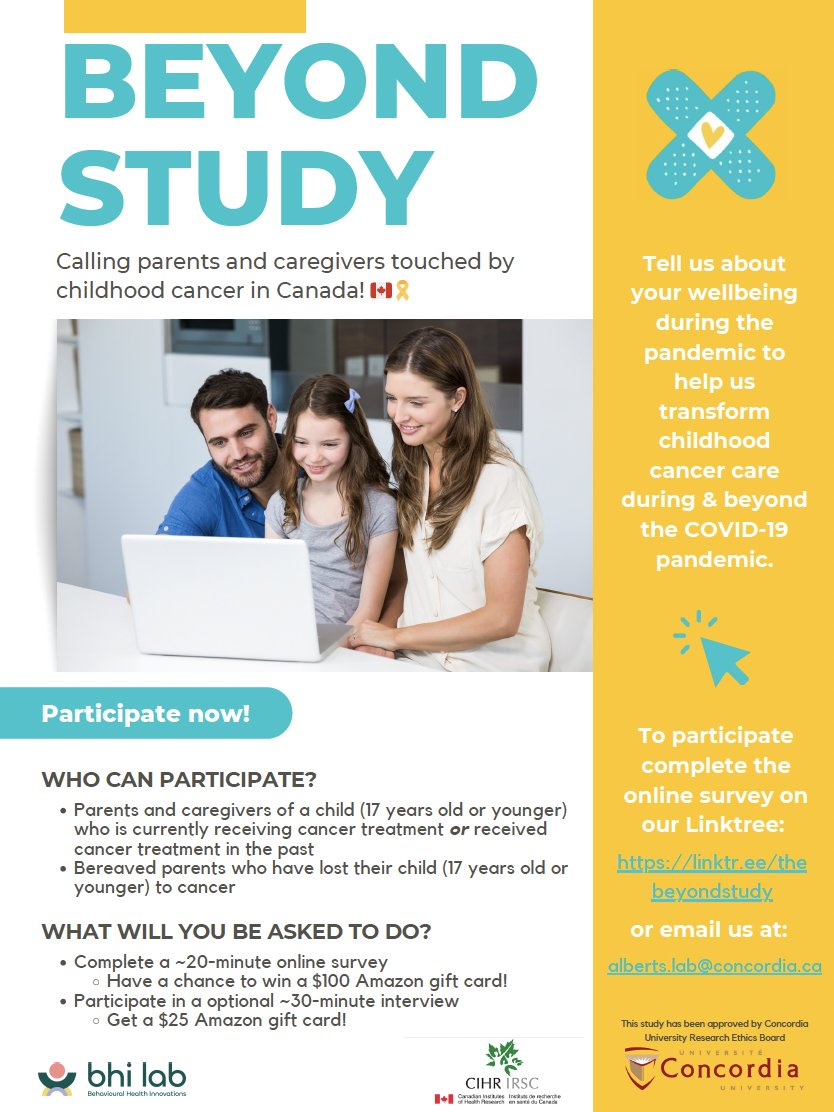 MaximeCaru's tweet photo. If you are 🇨🇦 parent or caregiver of a child who has or has had cancer?  @thebeyondstudy is a great opportunity to engage in research. And they have an online option!   

Please help us spread the word 🤩 https://t.co/nWijwbPpdK