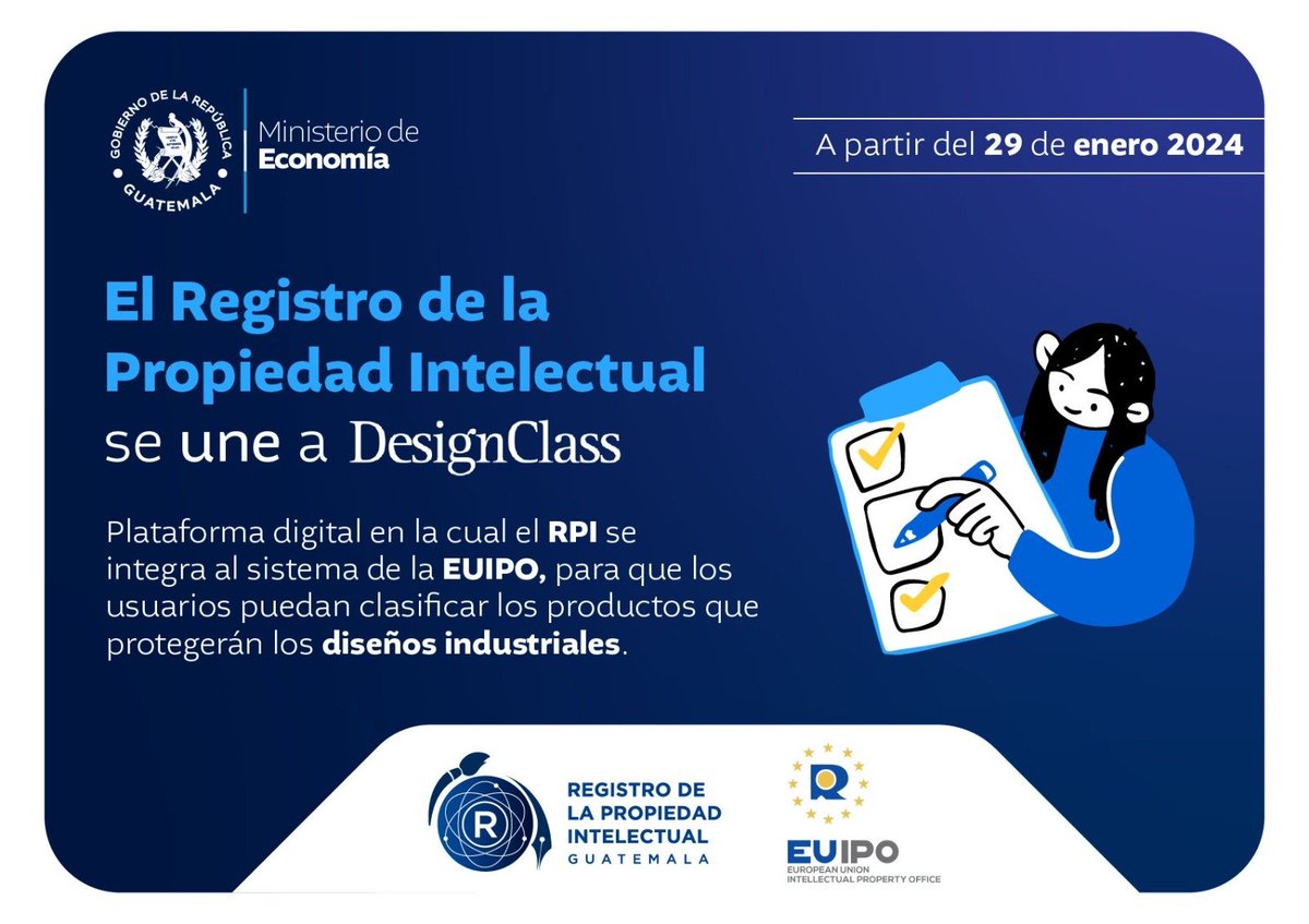 MINECOGT's tweet photo. ¡Guatemala se une al #DesignClass a través del Registro de Propiedad Intelectual! A partir de hoy, los usuarios pueden utilizar esta clasificación para solicitudes de diseños industriales. Más información en:
🌐 https://t.co/mwhIv6fRpx
🔗 https://t.co/Dx6w6hmruF https://t.co/spXsjeGaPg