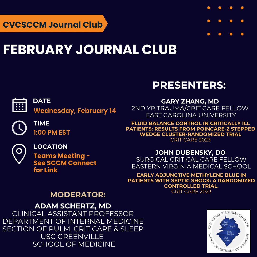 CVCSCCM's tweet photo. February Journal Club ‼️

Please join and hear from our presenters, moderated by Dr. Schertz (@ASchertzMD) on Wednesday, February 14th at 1pm EST! 

The journal club will be on Teams (link in SCCM Connect). 

Hope to see you there! 

#cvcsccm #cvcsccmjc https://t.co/AUR3q4a3ye