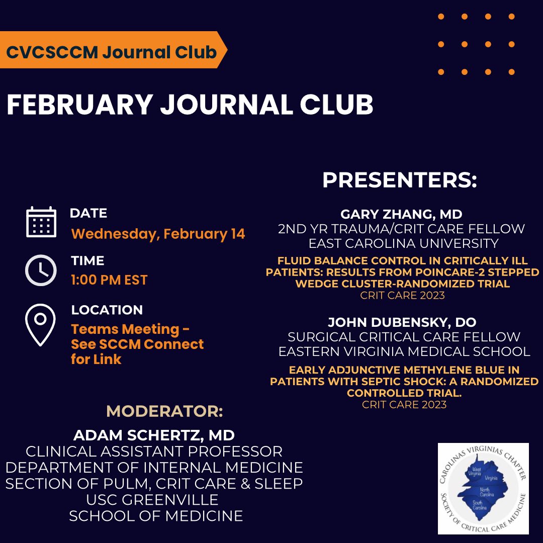 February Journal Club ‼️ Please join and hear from our presenters, moderated by Dr. Schertz (@ASchertzMD) on Wednesday, February 14th at 1pm EST! The journal club will be on Teams (link in SCCM Connect). Hope to see you there! #cvcsccm #cvcsccmjc