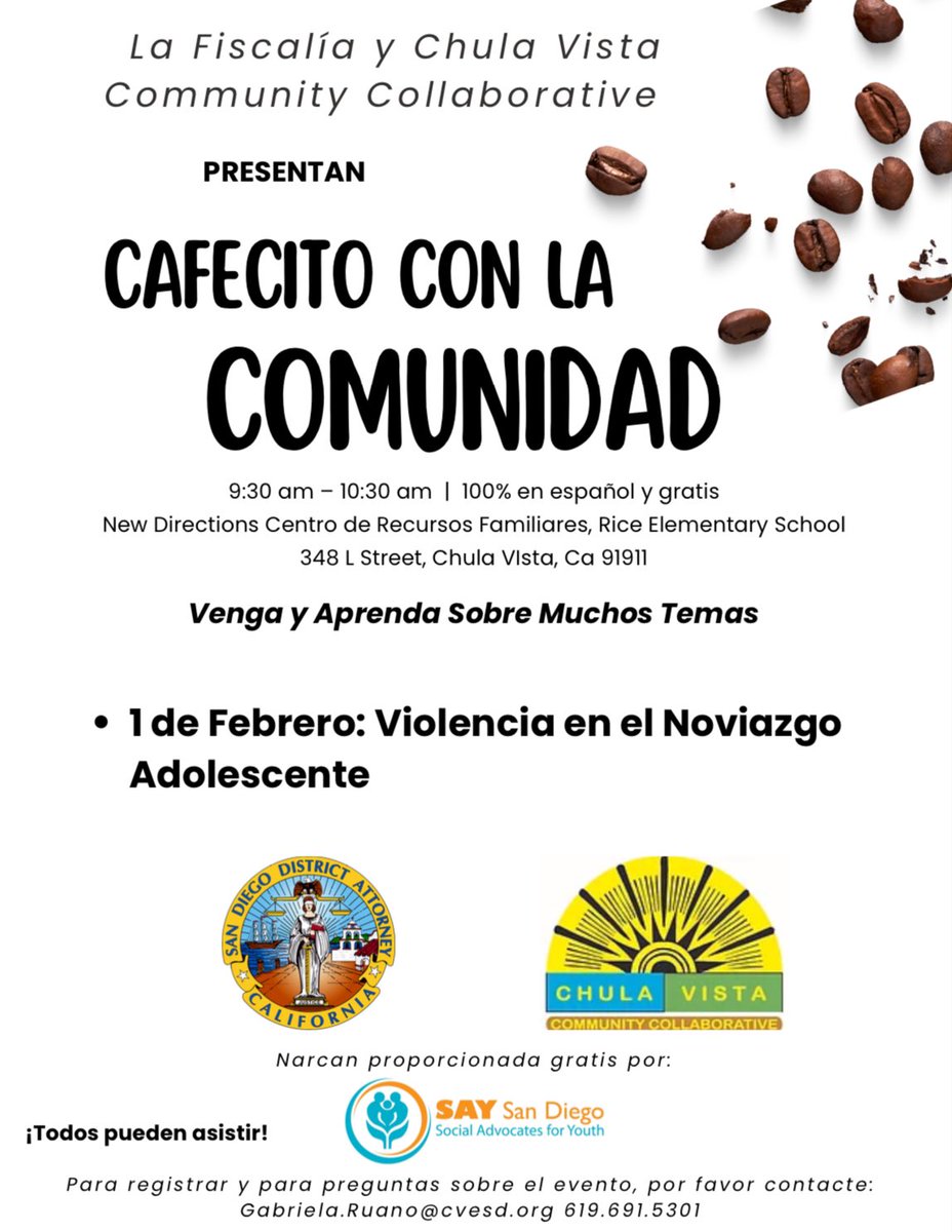 • Coffee with the Community • Cafecito con la Comunidad •
❗️Teen Dating Violence • Violencia en el Noviazgo Adolescente ❗️
Join us! Acompáñenos! #ChulaVistaCommunityCollaborative  #Community #Comunidad #ChulaVista #SouthBaySanDiego #DistrictAttorneysOffice #FiscaliaDeSanDiego