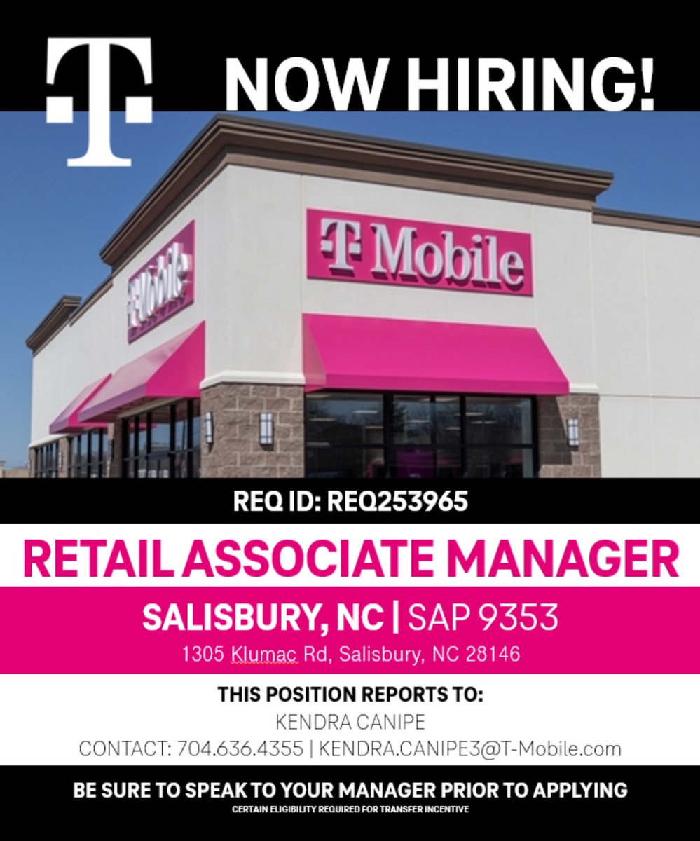 Our Salisbury, NC location is looking for a new Retail Associate Manager. If you are ready to join an ALL-STAR team lead by an ALL-STAR manager @KendraCanipe then apply today!!! careers.t-mobile.com/job-details/19…