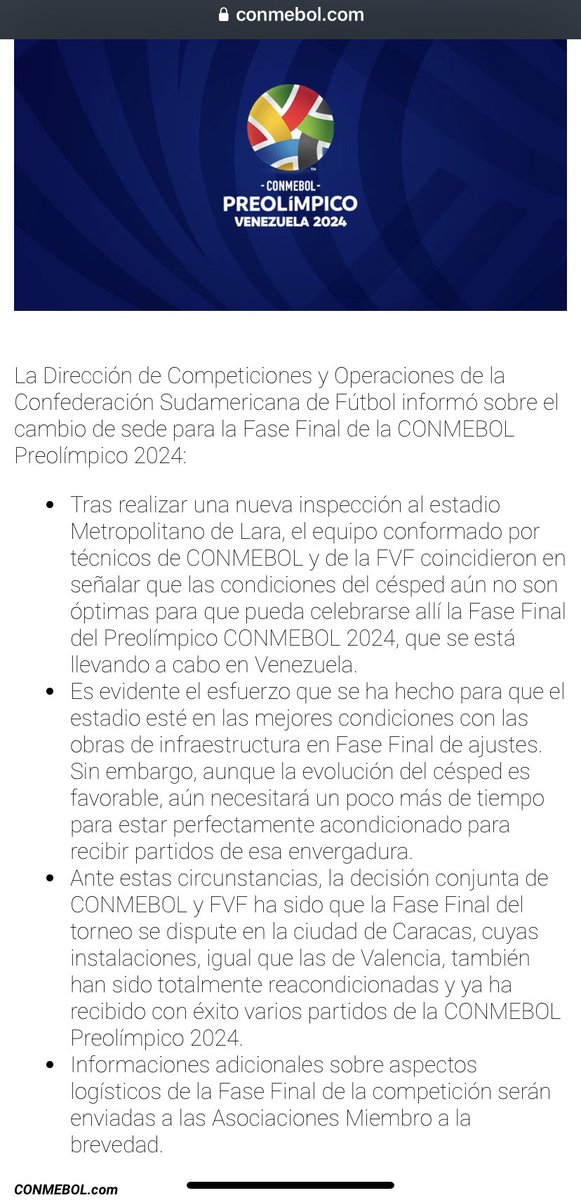 raymondjames_50's tweet image. La Conmebol luego de realizar una nueva inspección al Estadio Metropolitano de Lara
Decidió cambiar la Sede del #CuadrangularFinal íntegramente a #Caracas para la presente edición del #Preolimpico2024 
Una desprolijidad
Otra más
