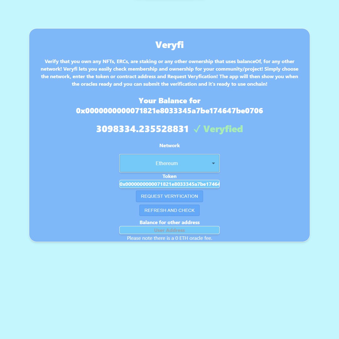 Veryfi is here! You can now verify assets crosschain, for any EVM network, on demand, in real time, for free, for any asset, any user, fully onchain. ERC20s/NFTs/1155/staked assets all avail.

docs.veryfi.xyz

We are able to provide free oracle requests for <a href="/Optimism/">Optimism</a> and