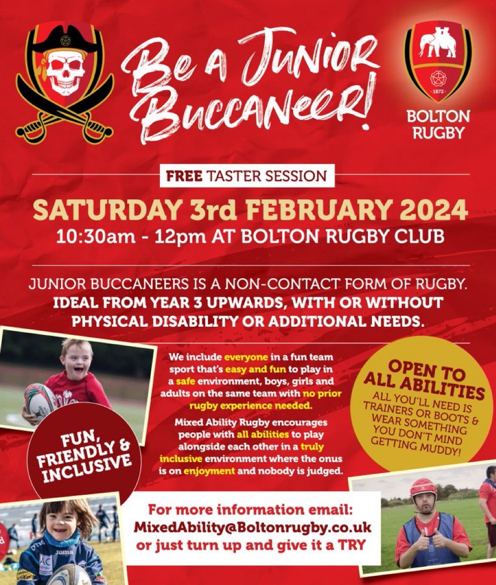 BuccaneersMA's tweet image. A very special day @BoltonRUFC as we launch our Junior Buccaneers, Mixed Ability Rugby is a safe non-contact way children with and without disabilities can have fun, let’s do this!