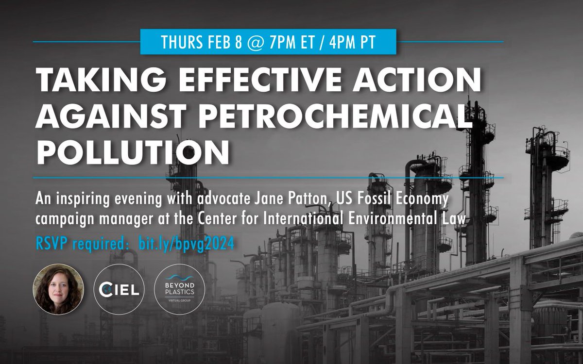 Beyond Plastics Virtual Group (@beyondplastact) on Twitter photo On Thursday Feb 8 we proudly welcome Jane Patton of <a href="/ciel_tweets/">Center for International Environmental Law</a> to talk #petrochem and #plasticstreaty Register for meeting at bit.ly/bpvg2024 #endfossilfuels <a href="/soopajane/">Jane Patton</a> On Thursday Feb 8 we proudly welcome Jane Patton of <a href="/ciel_tweets/">Center for International Environmental Law</a> to talk #petrochem and #plasticstreaty Register for meeting at bit.ly/bpvg2024 #endfossilfuels <a href="/soopajane/">Jane Patton</a>