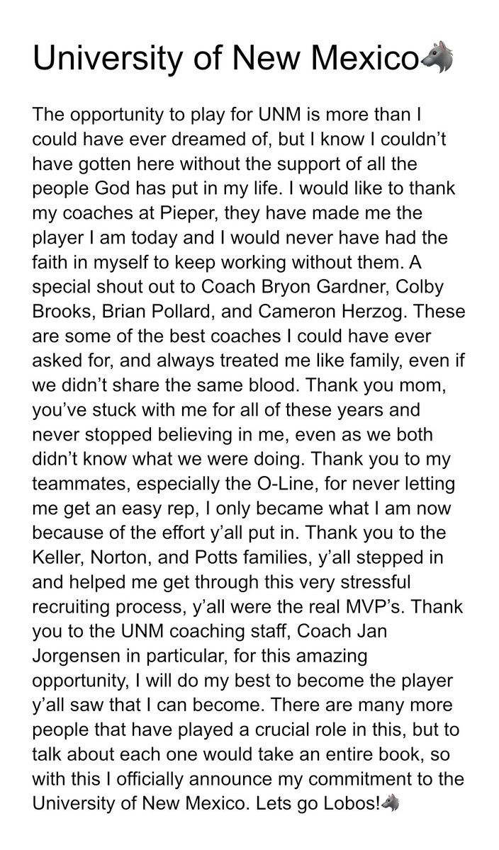 I am so honored and blessed to be announcing my commitment to <a href="/UNMLoboFB/">New Mexico Football</a>, thank you <a href="/Janimal84/">Coach Jorgensen</a> and <a href="/CoachBroncoM/">Bronco Mendenhall</a> for this opportunity and I hope to have as big an impact on this program that y’all have had on me. Go Lobos!🐺
