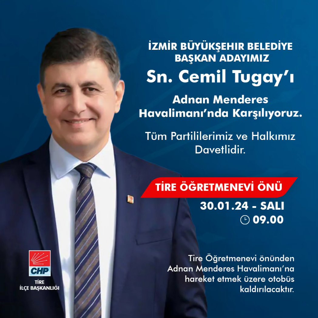 İzmir Büyükşehir Belediye Başkan Adayımız Sn. Cemil Tugay'ı Adnan Menderes Havalimanı'nda karşılıyoruz. Tüm halkımız davetlidir. 

Araç Kalkış:

📅 30.01.2024 - Salı
📍Tire Öğretmenevi Önü
🕐 09.00

<a href="/dr/">Dan Rowden</a>.cemiltugay