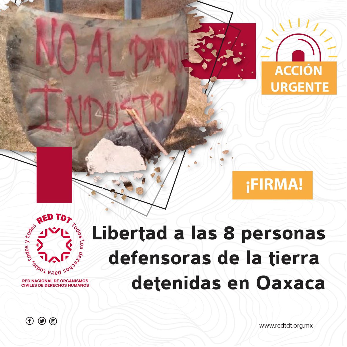 🚨Acción Urgente| Tu firma ayuda a exigir a las autoridades gubernamentales la libertad inmediata de las 8 personas defensoras de la tierra detenidas en Oaxaca 📲 redtdt.org.mx/archivos/18755 Defender derechos no es un delito, ni motivo de criminalización o privación de la libertad