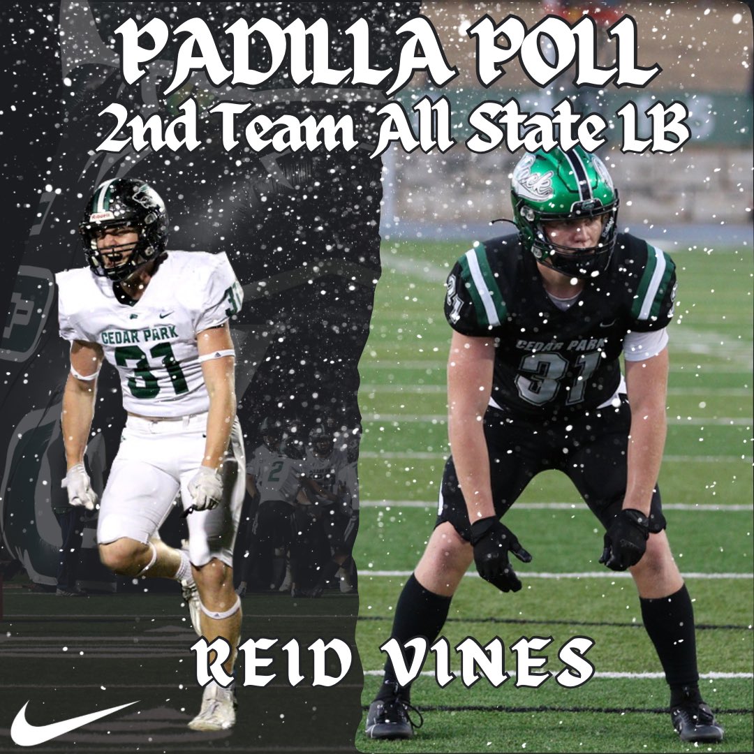 Cedar Park Football 2024 (@cedar_parkfb) on Twitter photo Congratulations to our very own Reid Vines for being named 2nd Team All State Linebacker by the <a href="/padillapoll/">Carl Padilla</a>‼️🐺 #OneStandard #Attack <a href="/CoachQCPProud/">Coach Q</a> <a href="/reid_vines/">reid vines</a> @LISD_AD <a href="/CedarParkFB/">Cedar Park Football Booster Club</a> Congratulations to our very own Reid Vines for being named 2nd Team All State Linebacker by the <a href="/padillapoll/">Carl Padilla</a>‼️🐺 #OneStandard #Attack <a href="/CoachQCPProud/">Coach Q</a> <a href="/reid_vines/">reid vines</a> @LISD_AD <a href="/CedarParkFB/">Cedar Park Football Booster Club</a>