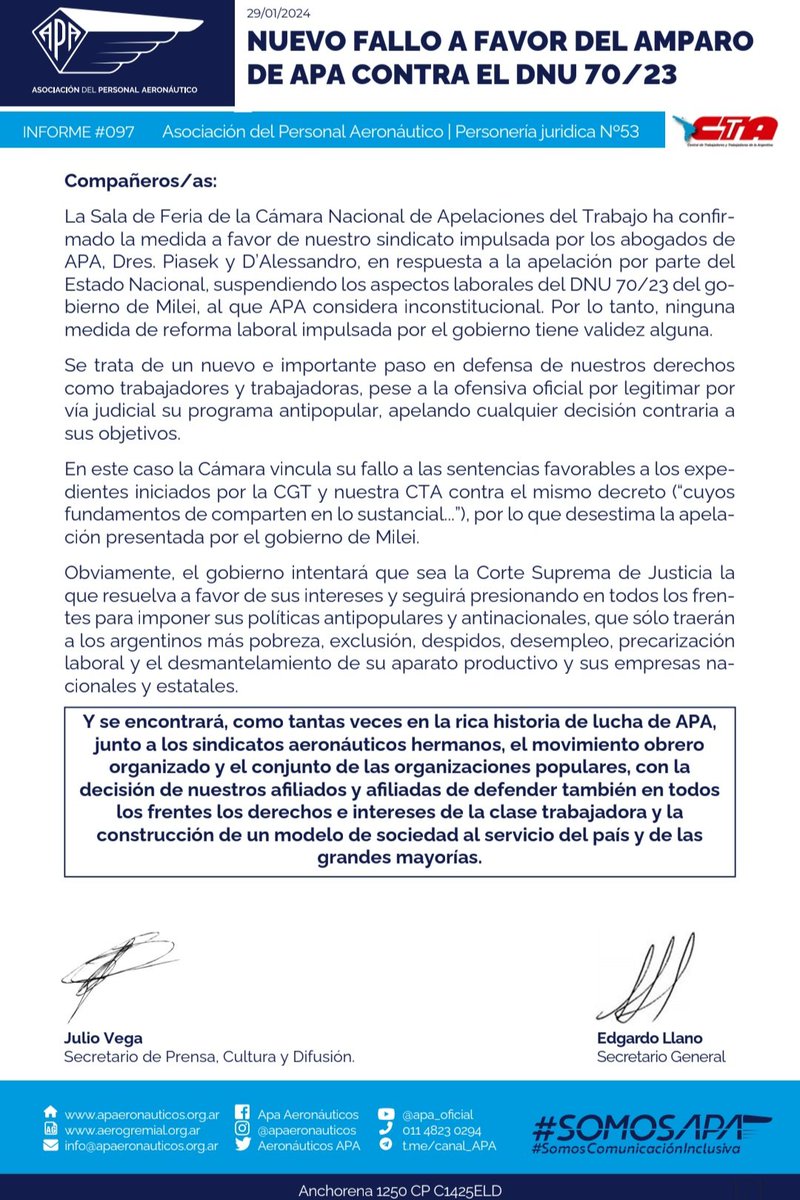 APAERONAUTICOS's tweet photo. La Cámara Nac de Apelaciones del Trabajo Sala Feria ratificó la suspensión del Título IV del DNU70/23 a pedido APA lo que deja sin efecto todo el paquete de reformas laborales que allí se incluyen.
Gran labor de nuestros abogados Dres. Piasek y D'Alessandro. https://t.co/AkNXvZzwVf