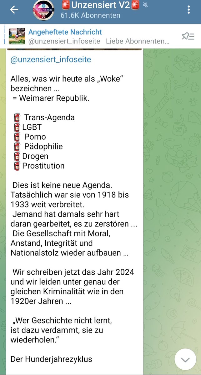 HumanaUnida's tweet photo. Entdeckt bei den #CoronaRebellenDuesseldorf und im Original in diesem Kanal https://t.co/MUDGF0zrOH

Jeder kann seine Interpretation frei gestalten. Wenn aber  "Dies ist keine neue Agenda. Tatsächlich war sie von 1918 bis 1933 weit verbreitet.
Jemand hat damals sehr hart daran gearbeitet, es zu zerstören ...
Die Gesellschaft mit Moral, Anstand, Integrität und Nationalstolz wieder aufbauen." geschrieben wird, assoziiere ich damit eine Verherrlichung des Nationalsozialismus. Für mich besagt diese Aussage, dass die Gesellschaft nach 1933 wieder mit "Moral, Anstand, Integrität und Nationalstolz" wieder aufgebaut wurden. Tatsächlich erlebten wir eine Errichtung der Diktatur, 
Verfolgung und rassistische Politik, die in das größte Menschheitsverbrechen mündete. Deshalb ist diese Post für mich im Original schlimmster Nazi Dreck 💩!

Mein politischer Kompass 🧭 ist richtig justiert. Er zeigt in Richtung freiheitlich demokratischer Werte. Und für diese rechtfertige ich mich vor NIEMANDEM!!!

#FCKNZS

Anzeige online erstattet @Polizei_NRW