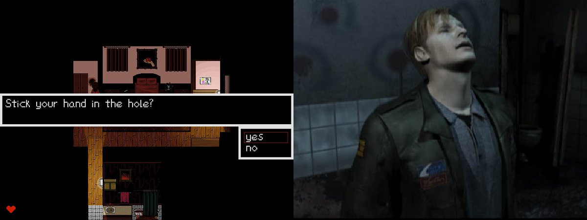 ZentientGames's tweet photo. Well, well- Silent Hill 2 is trending! This got me thinking about if I had put any obvious SH2 references in Fleshport.
Who would have no reservations about sticking their hand into an ominous hole? 🙋‍♂️
#silenthill2 #horror #indiegame #gamedevelopment https://t.co/zF8wX8a2rD