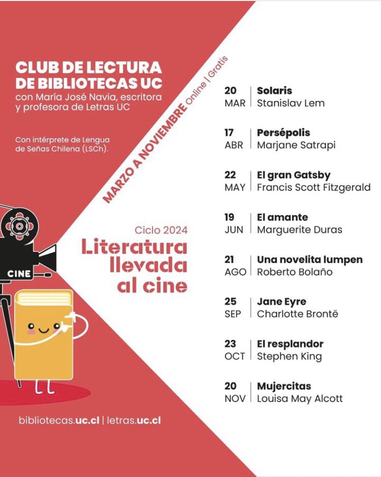 mjnavia's tweet photo. ¡Ya tenemos “cartelera” 2024 para el club de lectura que tengo la alegría de coordinar junto a @Bibliotecas_UC!
Pronto les compartiré el link para inscribirse pero, por ahora, les dejo la programación para que anoten las fechas. Hablaremos de literatura y cine. Gratis y por Zoom. https://t.co/MkiTLxmd2f