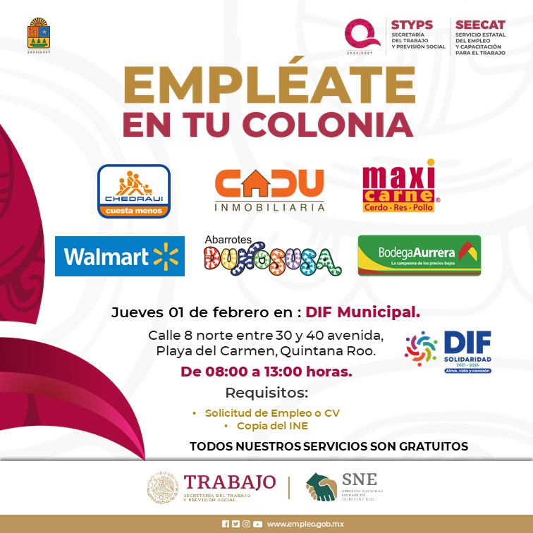 AHRMVacantes's tweet photo. EL JUEVES 01 DE FEBRERO 2024 - PRÓXIMA FERIA DE EMPLEO EN EL DIF MUNICIPAL EN PLAYADEL CARMEN.   Te esperamos desde las 08:00 de la mañana hasta las 13:00 horas https://t.co/0MSu9momlz