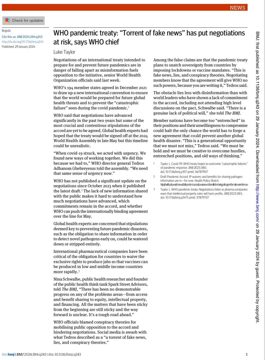 ⏰The clock is ticking on #PandemicTreaty negotiations, with many sticky topics still to unpack. @DrTedros warns of the erosion of trust caused by false information. 🗺It will take political will to drive it over the finish line. Read @bmj_latest for coverage.