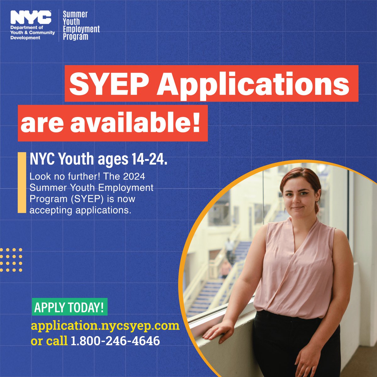 🌟 Apply now! Summer Youth Employment Program applications are available!
 
6-week paid program, gain work experience, new skills, and expand your network!
 
 #SYEP2024 #NYCYouth #NYCHired #DYCDNYC

application.nycsyep.com