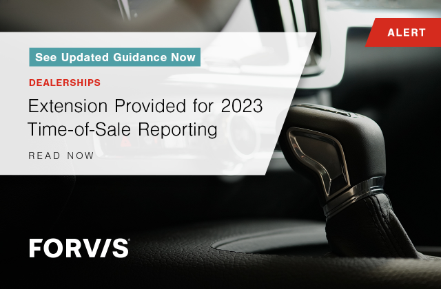 The IRS is now providing two options to file 2023 time-of-sale reports for qualifying clean vehicle sales. Don’t wait to file – the deadline is January 31, 2024. Read the updates from <a href="/FORVIS/">FORVIS</a> here: bit.ly/3SCnc94