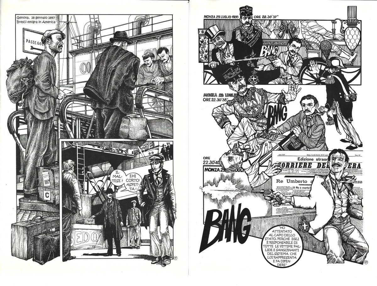 recently discovered the extensive work and comics of anarchist artist Fabio Santin and completely in love In person they are stunning. These are two pages from his comic on Bresci including his recreation of Flavio Constantini's prints on the assassination of Umberto.