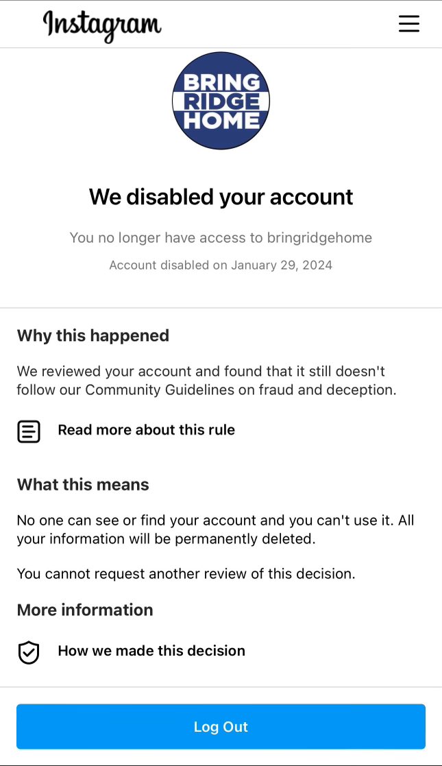 🚨Instagram permanently deleted the @BringRidgeHome IG today without warning.🚨 The account had over 20k followers and had accumulated millions of views across posts/reels/stories. Who’s behind this censorship? Japan? DoD? Suspicious since those two entities have been most