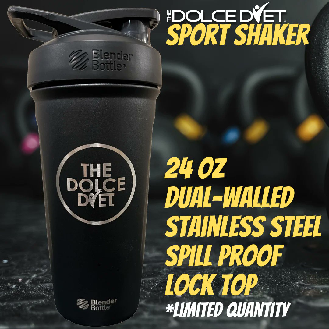 THE DOLCE DIET: SPORT SHAKER! -24-ounce Double-wall Insulated Stainless Steel -Spill-proof BlenderBottle, for safely mixing shakes and smoothies -Easy-open / easy-close push-button flip cap -Sliding lock to prevent accidental opening -24 oz capacity offers plenty of room for…