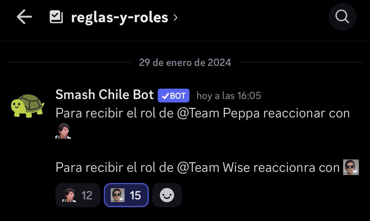 Hola! Junto al anuncio del Zenkoku 3 en en Smash Chile Discord pusimos roles para #TeamWise y #TeamPeppa para que vayan a reaccionar y recibir un color para su nombre en Discord

discord.gg/qzNcTRD