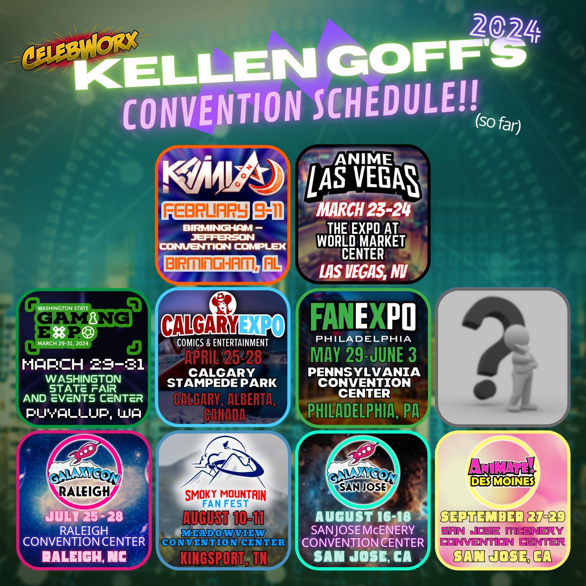 CONVENTIONS! (As of 1/29/24)
(SEE REPLIES!)

FEB
🌙#KamiCon

MAR
🃏#AnimeLasVegas
🎮#WashingtonStateGamingExpo

APR
🇨🇦#CalgaryExpo

MAY
🥪#FANEXPOPhilidelphia

JULY
🌌#GalaxyConRaleigh

AUG
🏔️#SmokyMountainFanFest
🚀#GalaxyConSanJose

SEP
✏️#AnimateDesMoines