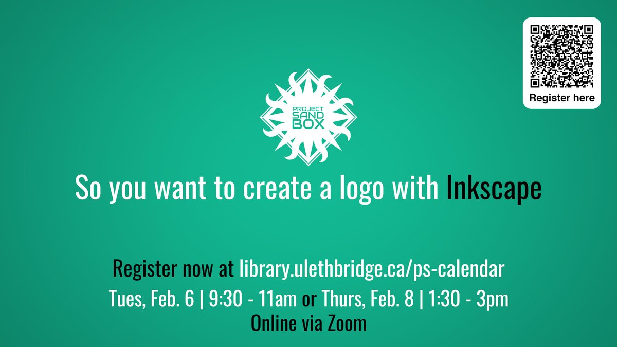ulethlibrary's tweet image. &quot;So you want to create a logo with Inkscape&quot; Online Workshops

Details &amp;amp; registrations:

WHEN:

Tues, Feb 6; 9:30–11am
myexperience.uleth.ca/openEvents.htm…

OR

Thurs, Feb 8; 1:30–3pm
myexperience.uleth.ca/openEvents.htm…

WHERE: Online via Zoom

#ULethbridge #ProjectSandbox