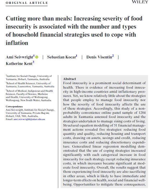 Katherine Kent (@drkatherinekent) on Twitter photo 💡New insights from The #Tasmania Project
🍞Food insecurity forces tough choices during #CostOfLivingCrisis
💸People sacrifice many essentials beyond food affecting health & well-being
See the study doi.org/10.1002/ajs4.3…
By Ami Seivwright <a href="/ISC_UTAS/">Institute for Social Change</a> <a href="/SurveySeb/">Sebastian Kocar</a> <a href="/VisentinDenis/">Denis Visentin</a> 💡New insights from The #Tasmania Project
🍞Food insecurity forces tough choices during #CostOfLivingCrisis
💸People sacrifice many essentials beyond food affecting health & well-being
See the study doi.org/10.1002/ajs4.3…
By Ami Seivwright <a href="/ISC_UTAS/">Institute for Social Change</a> <a href="/SurveySeb/">Sebastian Kocar</a> <a href="/VisentinDenis/">Denis Visentin</a>