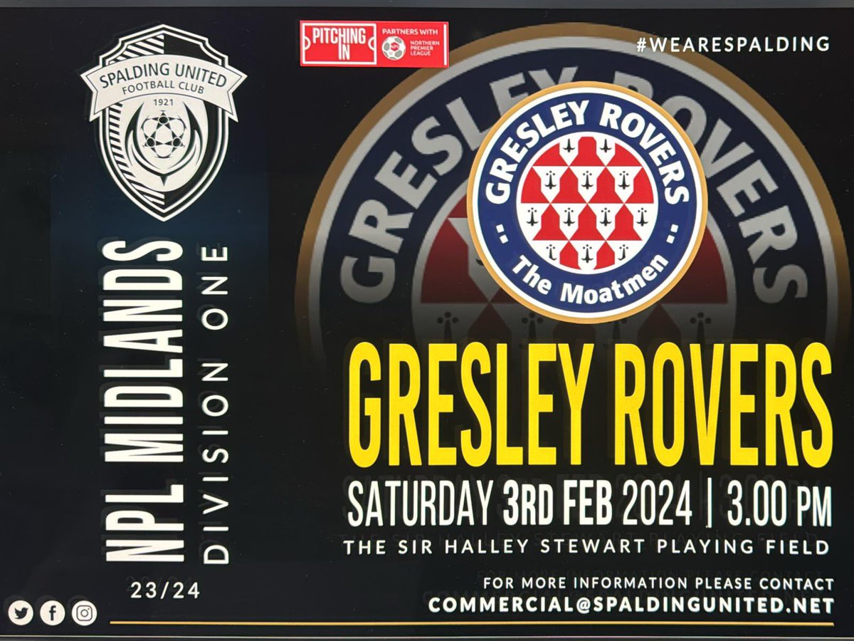 🌷UPCOMING HOME FIXTURE….
  
🗓️ Saturday 3rd February       
🏆 <a href="/NorthernPremLge/">The Pitching In Northern Premier League</a> 
🆚  <a href="/GresleyRovers/">Gresley Rovers</a> 
🏟️ Sir Halley Stewart 
📍 Winfrey Avenue, PE11 1DA
⏰ K/O 3pm
🎟️ Adults £10 ▪️Concessions £5▪️U18 £2▪️U11’s Free▪️