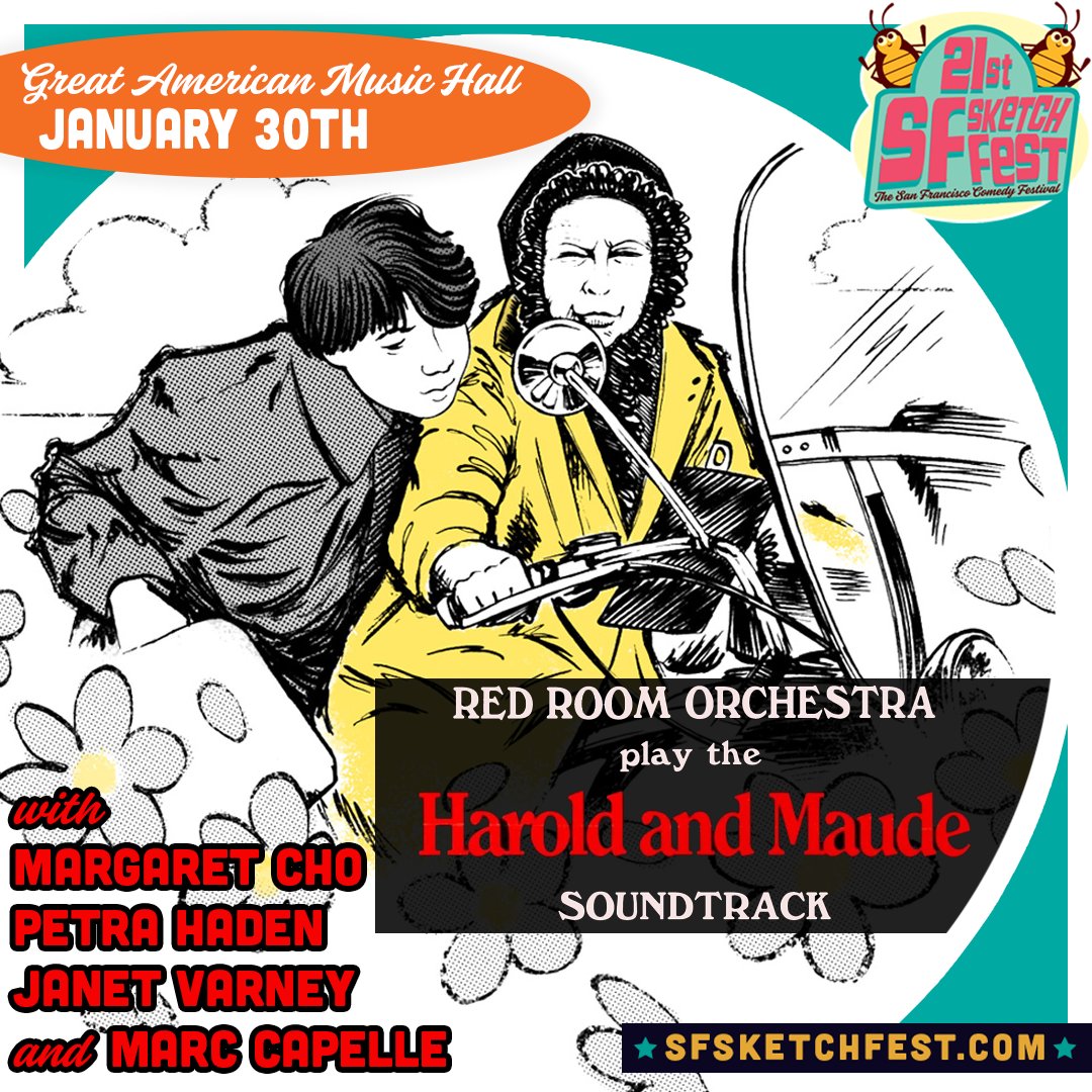 Tomorrow night (1/30)! Join us at <a href="/GAMH/">Great American Music Hall</a> as <a href="/RedRoomOrch/">The Red Room Orchestra</a>  plays the music of "Harold &amp; Maude" (1971) with <a href="/margaretcho/">Margaret Cho</a> <a href="/petrahaden/">Petra Haden</a> <a href="/janetvarney/">Janet Varney 🏳️‍🌈</a> <a href="/capellemusic/">Marc Capelle</a> - tickets: sched.co/1VUul