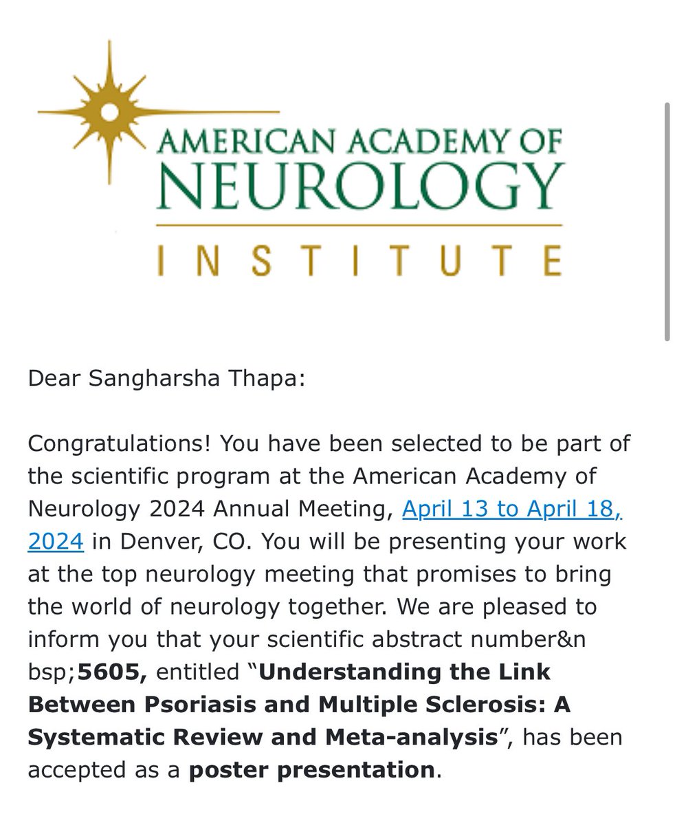 Absolutely thrilled to announce that my abstract has been accepted for oral and poster presentation at the American Academy of Neurology 2024 annual meeting! Excited to share insights and grateful to Dr. Gandelman, Dr. Tayeb, and Dr. Milligan for their support. #AAN2024…